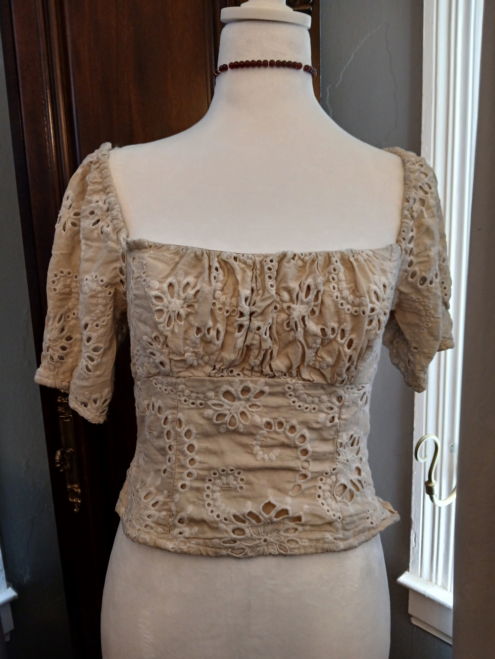 Neutral Eyelet Lace Square-Neck Puff Sleeve Blouse By ASTR THE LABEL